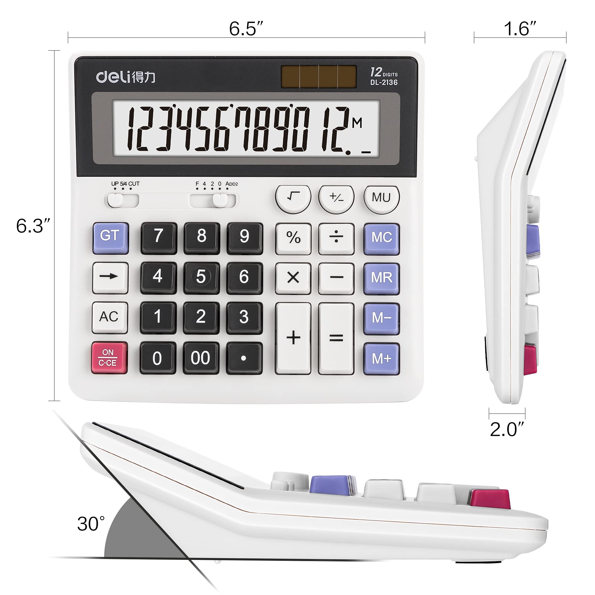 Standard Function Solar Battery Dual Power Office Calculator, White