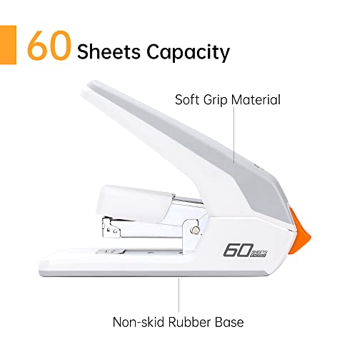 Deli Effortless Desktop Stapler, Heavy Duty Stapler, 60-70 Sheet Capacity, One Finger, No Effort, Includes Staples & Staple Remover, White