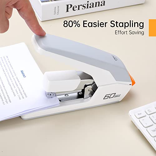 Deli Effortless Desktop Stapler, Heavy Duty Stapler, 60-70 Sheet Capacity, One Finger, No Effort, Includes Staples & Staple Remover, White