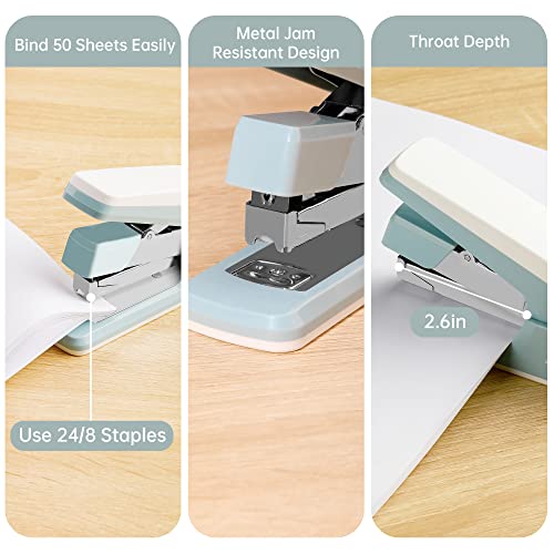 Deli Effortless Desktop Stapler, Heavy Duty Stapler, 40-50 Sheet Capacity, One Finger, No Effort, Includes Staples & Staple Remover, Blue