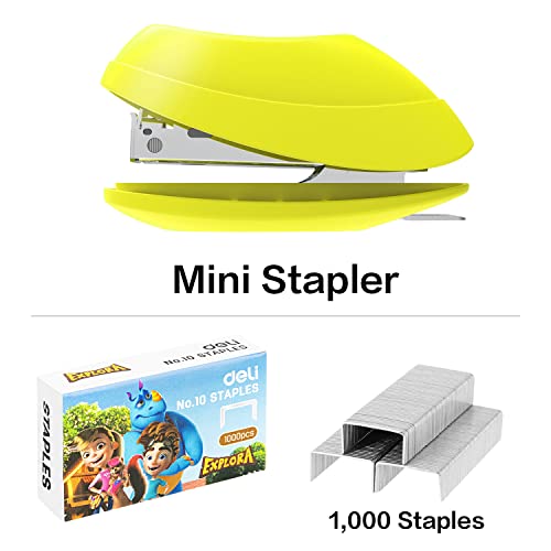 Deli Mini Stapler, 15 Sheet Capacity, Includes Built-in Staple Remover & 1000pcs NO.10 Staples, Yellow