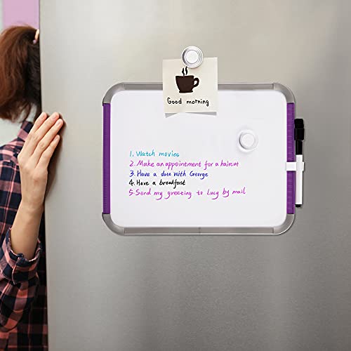 Deli Magnetic Dry Erase Board, 8.5 x 11 Inches, Small White Board with Markers & Magnets for Refrigerator, Locker, Kids, Students, Purple Frame