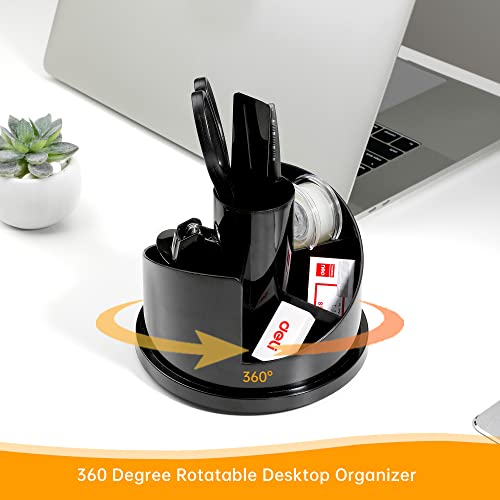 deli Office Supplies Set, Desk Accessory Organizer Kit, Stapler Set, Rotating Multi-Functional Pen Holder, Tape Dispenser, Pens, Binder Clips, Sharpener, Scissor, Eraser, Black