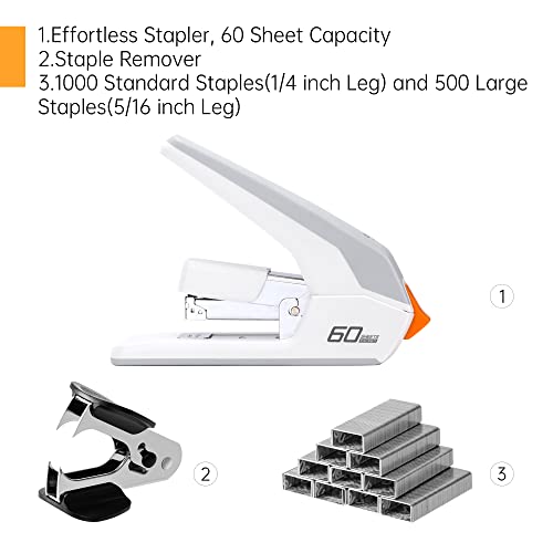 Deli Effortless Desktop Stapler, Heavy Duty Stapler, 60-70 Sheet Capacity, One Finger, No Effort, Includes Staples & Staple Remover, White