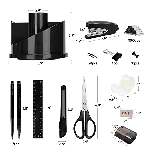 deli Office Supplies Set, Desk Accessory Organizer Kit, Stapler Set, Rotating Multi-Functional Pen Holder, Tape Dispenser, Pens, Binder Clips, Sharpener, Scissor, Eraser, Black