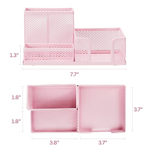 deli Mesh Desk Organizer Office Supplies Caddy with Pencil Holder and Storage Baskets for Desktop Accessories, 3 Compartments, Pink