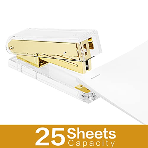 Deli Acrylic Stapler, Desktop Stapler Office Stapler, 25 Sheet Capacity, Includes 1000 Staples and Staple remover, Acrylic Gold