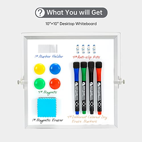 Vusign Small White Board Desktop Whiteboard, 10×10in Magnetic Dry Erase Board, Portable WhitebEraser,oard with 4 Markers,4 Magnets and Earser