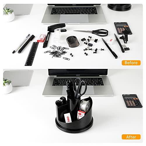 deli Office Supplies Set, Desk Accessory Organizer Kit, Stapler Set, Rotating Multi-Functional Pen Holder, Tape Dispenser, Pens, Binder Clips, Sharpener, Scissor, Eraser, Black