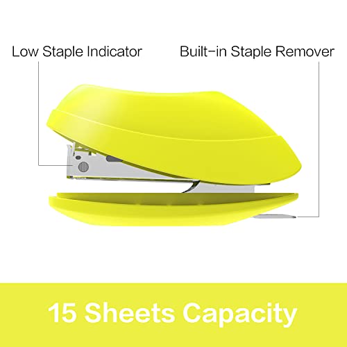 Deli Mini Stapler, 15 Sheet Capacity, Includes Built-in Staple Remover & 1000pcs NO.10 Staples, Yellow