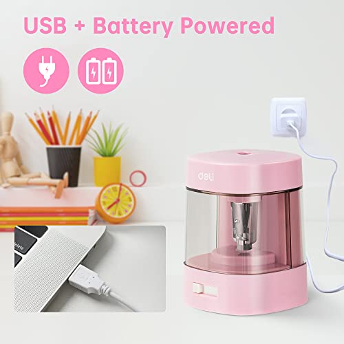 Deli Electric Pencil Sharpener, Automatic Pencil Sharpeners for No.2 Pencils Colored Pencils, USB & Battery Operated Pencil Sharpener for Kids, School, Home, Office, Classroom, Pink