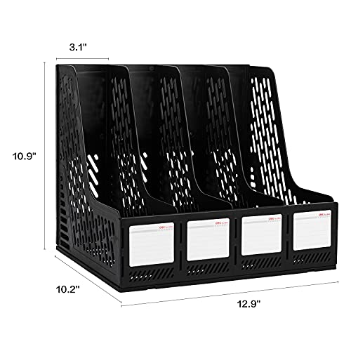 deli Magazine File Holder, Desk Organizer File Folder for Office Organization and Storage, Sturdy Plastic Binder Organizer, 4 Vertical Compartments, Black