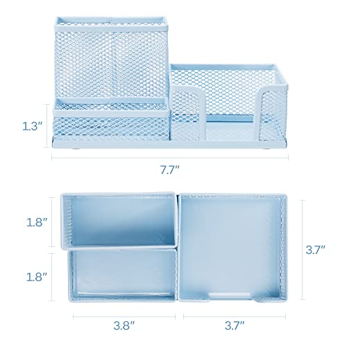 deli Mesh Desk Organizer Office Supplies Caddy with Pencil Holder and Storage Baskets for Desktop Accessories, 3 Compartments, Blue