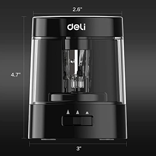 Deli 68659 Electric & Battery Pencil Sharpener, Automatic with Adjustable Thickness, Black