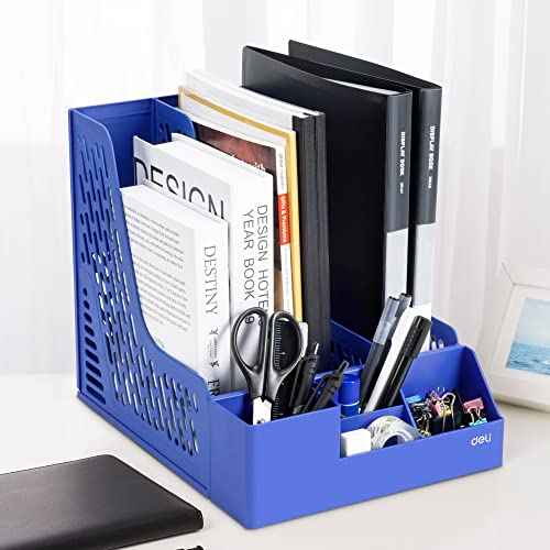 deli Magazine File Holder with Extra Storage Case, Desk Organizer File Folder for Office Organization and Storage, Sturdy Plastic Binder Organizer, 3 Vertical Compartments, Blue