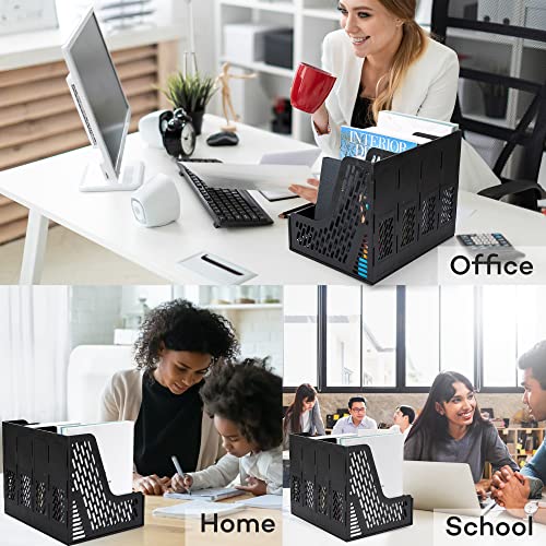 deli Magazine File Holder, Desk Organizer File Folder for Office Organization and Storage, Sturdy Plastic Binder Organizer, 4 Vertical Compartments, Black