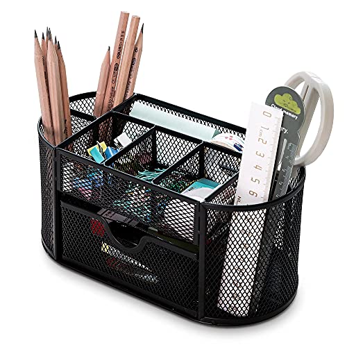 deli Mesh Desk Organizer Office Desktop Organizer with Drawer, Metal Stationary Organizer Desk Caddy Pen Holder, 8 Compartments, Black