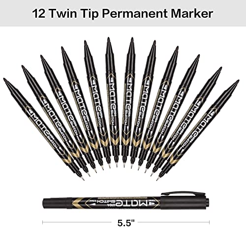 deli Twin Tip Permanent Markers, Fine Point and Ultra Fine Point for Signature and Marking, Black, 12 Count