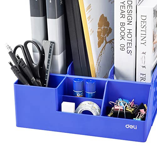 deli Magazine File Holder with Extra Storage Case, Desk Organizer File Folder for Office Organization and Storage, Sturdy Plastic Binder Organizer, 3 Vertical Compartments, Blue