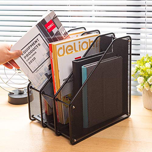 deli Mesh Magazine File Holder, Desk Organizer File Folder Document Rack for Office Organization and Storage, 3 Vertical Compartments, Black