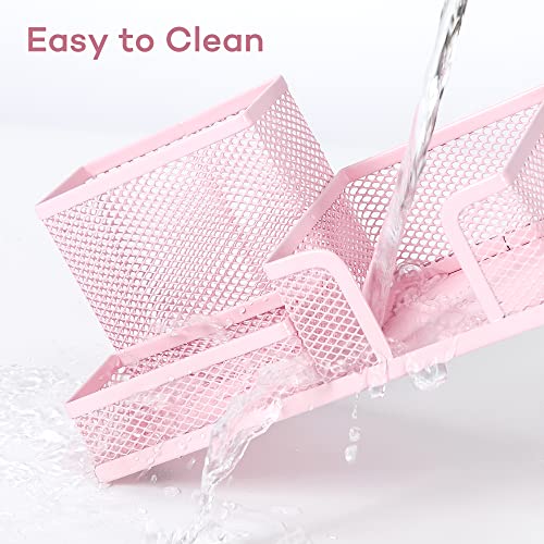 deli Mesh Desk Organizer Office Supplies Caddy with Pencil Holder and Storage Baskets for Desktop Accessories, 3 Compartments, Pink