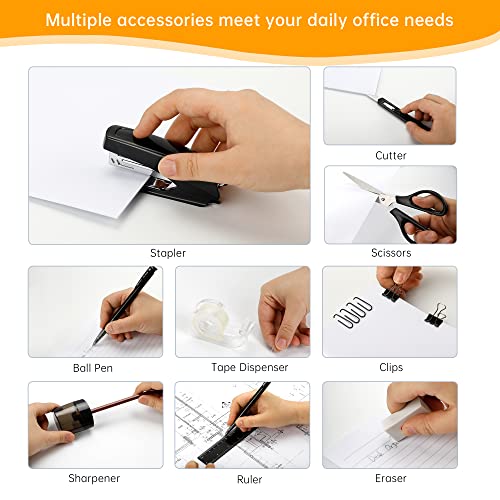 deli Office Supplies Set, Desk Accessory Organizer Kit, Stapler Set, Rotating Multi-Functional Pen Holder, Tape Dispenser, Pens, Binder Clips, Sharpener, Scissor, Eraser, Black