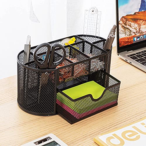 deli Mesh Desk Organizer Office Desktop Organizer with Drawer, Metal Stationary Organizer Desk Caddy Pen Holder, 8 Compartments, Black