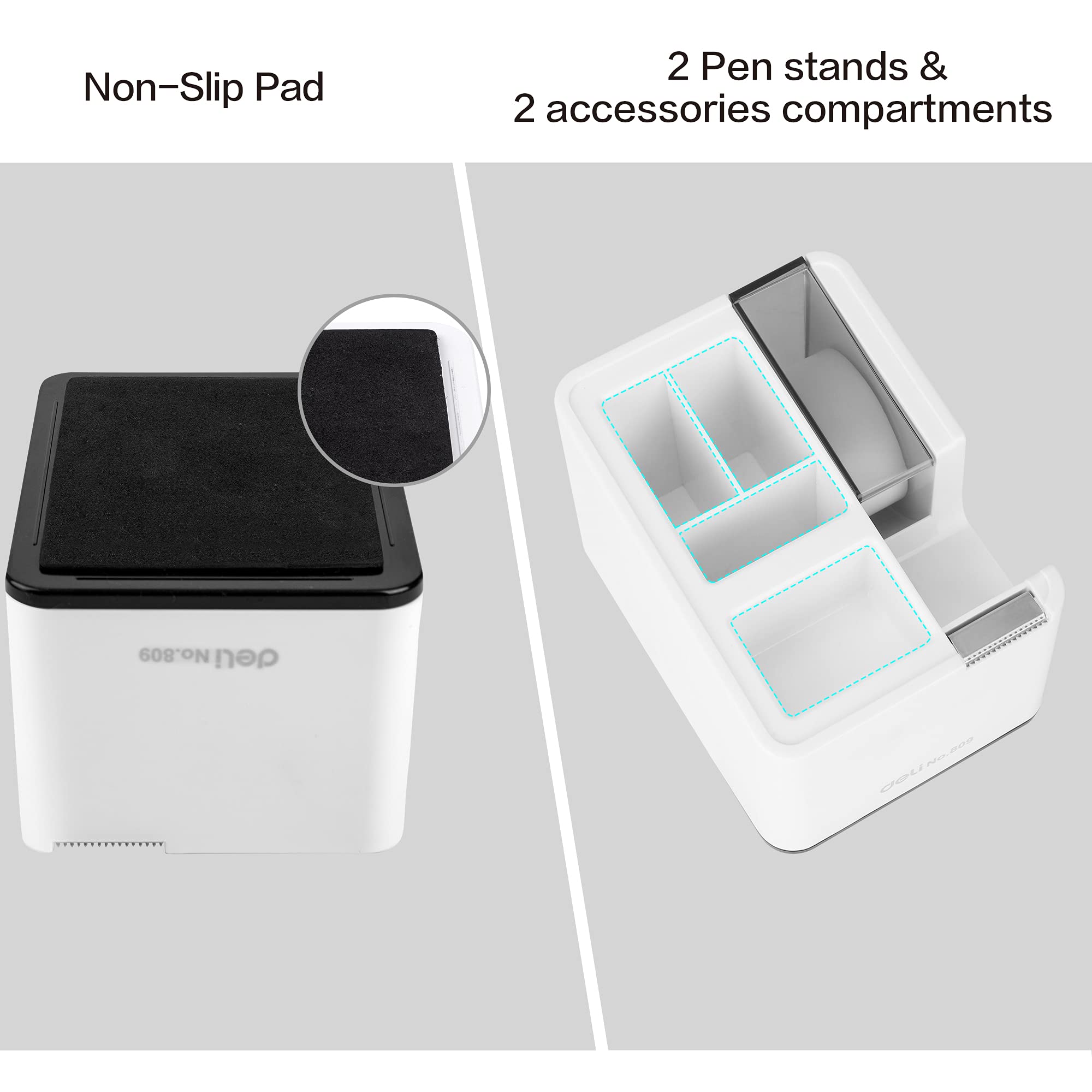 Desktop Tape Dispenser with Pen Holder, 2-in-1 Heavy Weighted Non-Skid Base, White