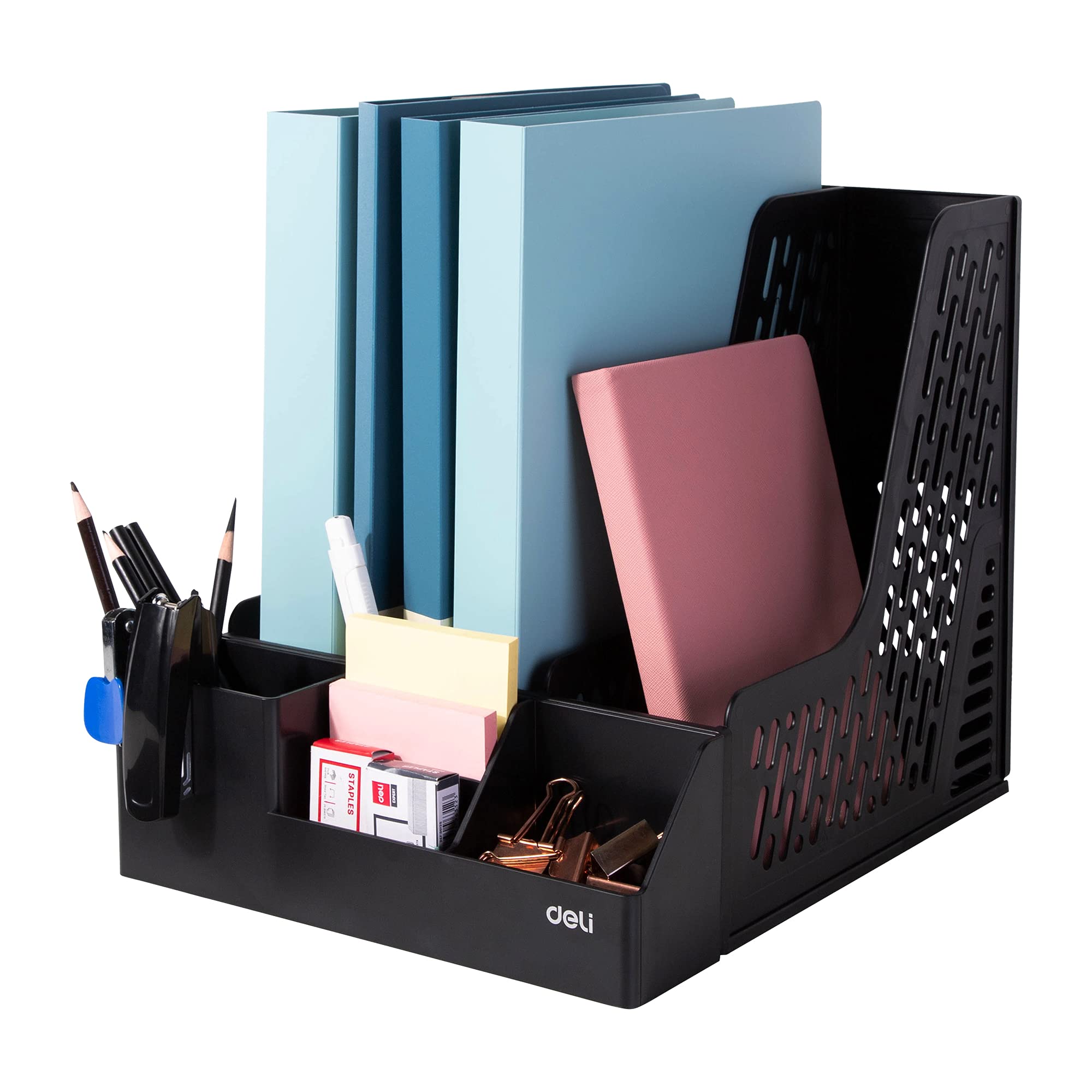 Deli Magazine File Book Holder Desktop Organizer, Plastic, 3 Compartments,  Black